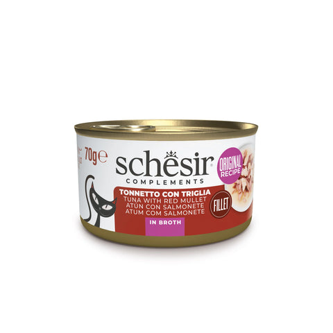 Front image of SCHESIR Complements Fillet Tuna with Red Mullet in Broth for Adult Cats - Pets Villa. 
