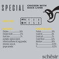 Image of the composition of SCHESIR Special Mousse Exigent Chicken with Duck Liver - Pets Villa. 