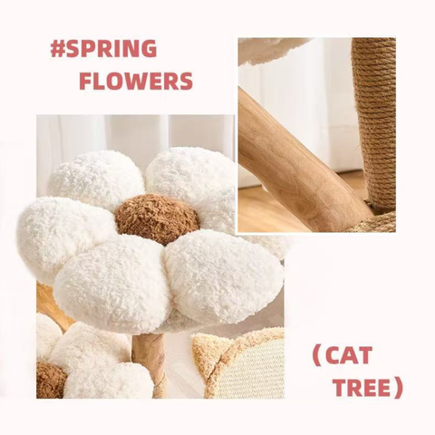 Close up image of Summer Flower Natural Solid Wood Cat Tree - Pets Villa. 