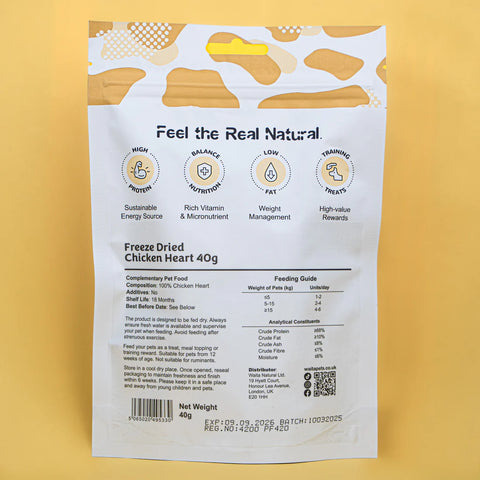 Back image of WAITA Freeze Dried Chicken Hearts 40g - Pets Villa. 