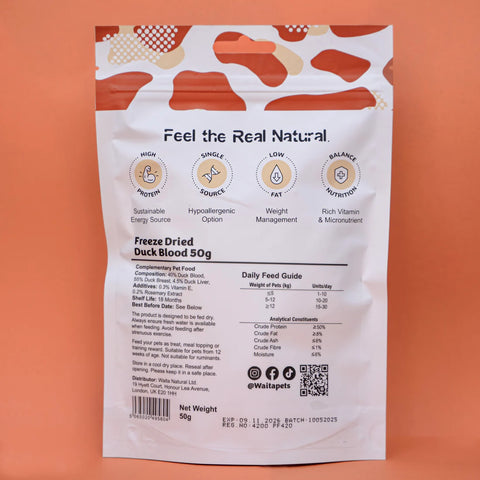 Back image of WAITA Freeze Dried Duck Blood Cubes 50g - Pets Villa. 