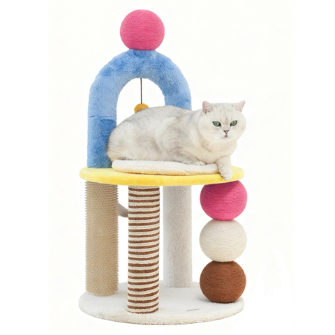 Front image of ZEZE Two-Tier Arch Cat Tree with Balls and Rubbing Pole - Pets Villa. 