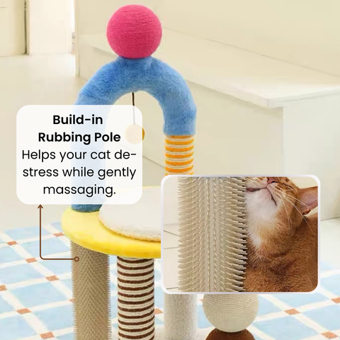 Close up image of ZEZE Two-Tier Arch Cat Tree with Balls and Rubbing Pole - Pets Villa. 