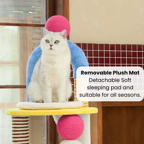 Plush mat close up of ZEZE Two-Tier Arch Cat Tree with Balls and Rubbing Pole - Pets Villa. 