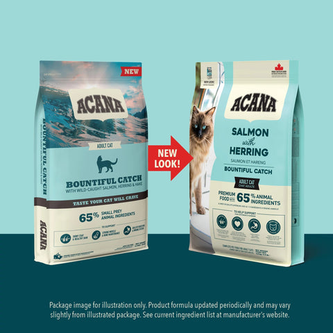 Bag of ACANA Bountiful Catch dry cat food, packed with quality fish ingredients for adult cats.