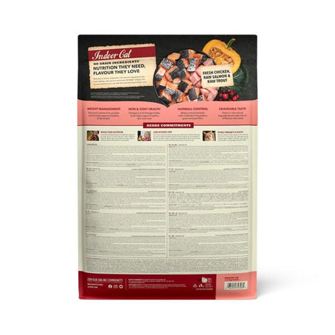 Fresh ingredients in ACANA Indoor Cat food – chicken, salmon, trout, and whole vegetables
