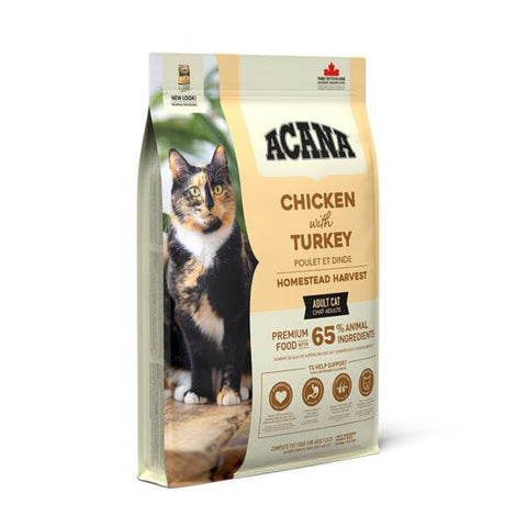 ACANA Homestead Harvest dry cat food with chicken, turkey, and duck for adult cats.