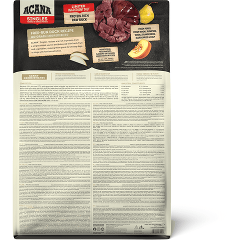 Display of duck meat, pears, lentils, and whole vegetables used in ACANA Singles