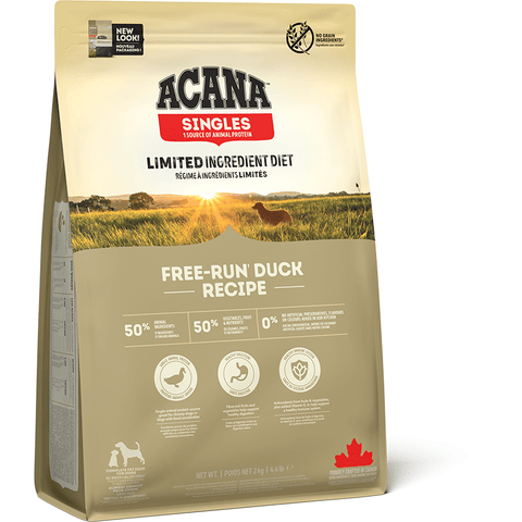 ACANA Singles Free-Run Duck dog food bag with limited ingredient formula