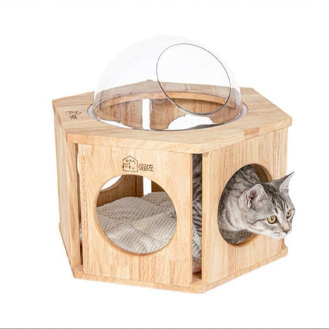MIAOZUO Solid Wood Hexagon Cat Nest - Pets Villa