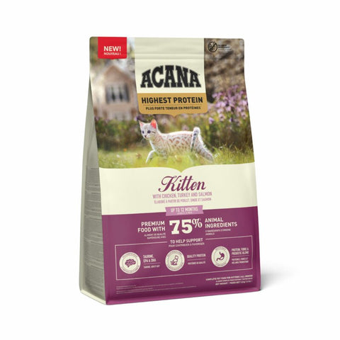ACANA Chicken, Turkey & Salmon kitten food rich in 75% animal ingredients for healthy growth.